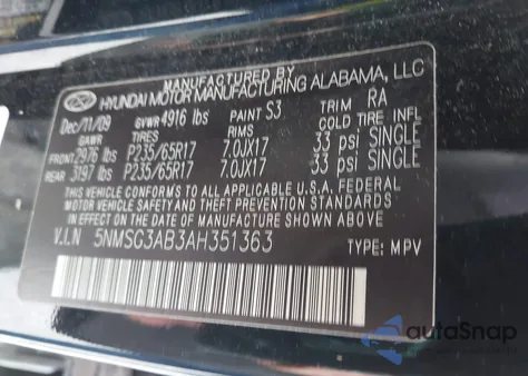 2010 Hyundai Santa Fe Gls из США, поврежденный, VIN 5NMSG3AB3AH351363